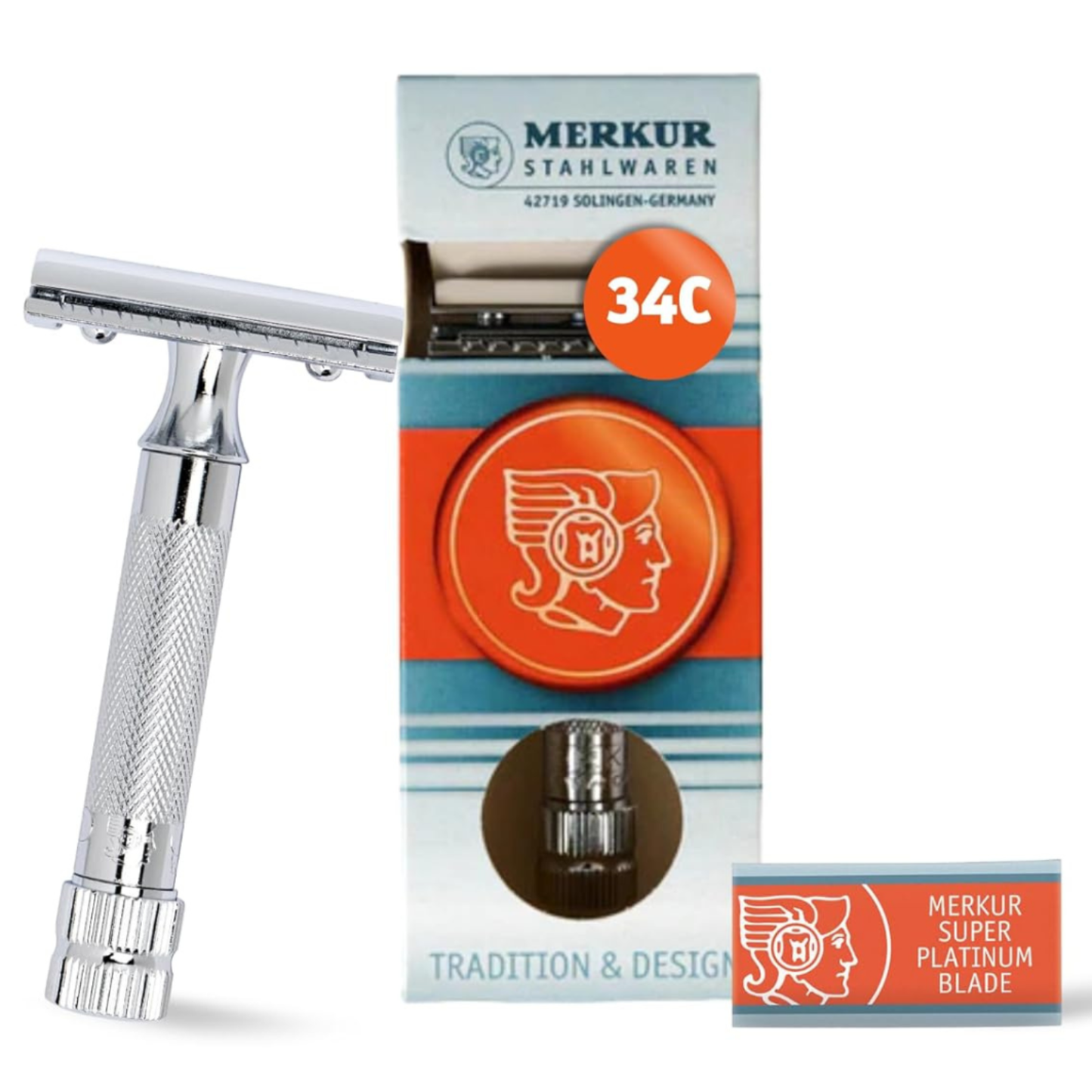 MERKUR メルクール 34C 安全カミソリ【公式/正規品】ドイツ製 両刃 カミソリ ショートハンドル クローズドコム ブライトクローム